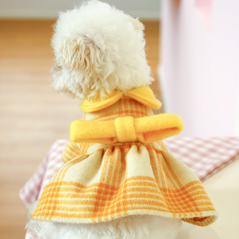 KFX-4190141 Warm Yellow Checked Doll Collar Woolen Dress for Dogs