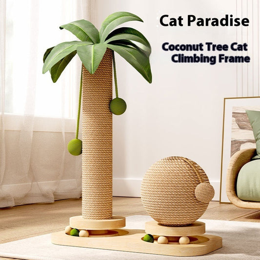 KFX-4190397 Durable Vertical Cat Climbing Frame with Coconut Tree Design and Wooden Balls