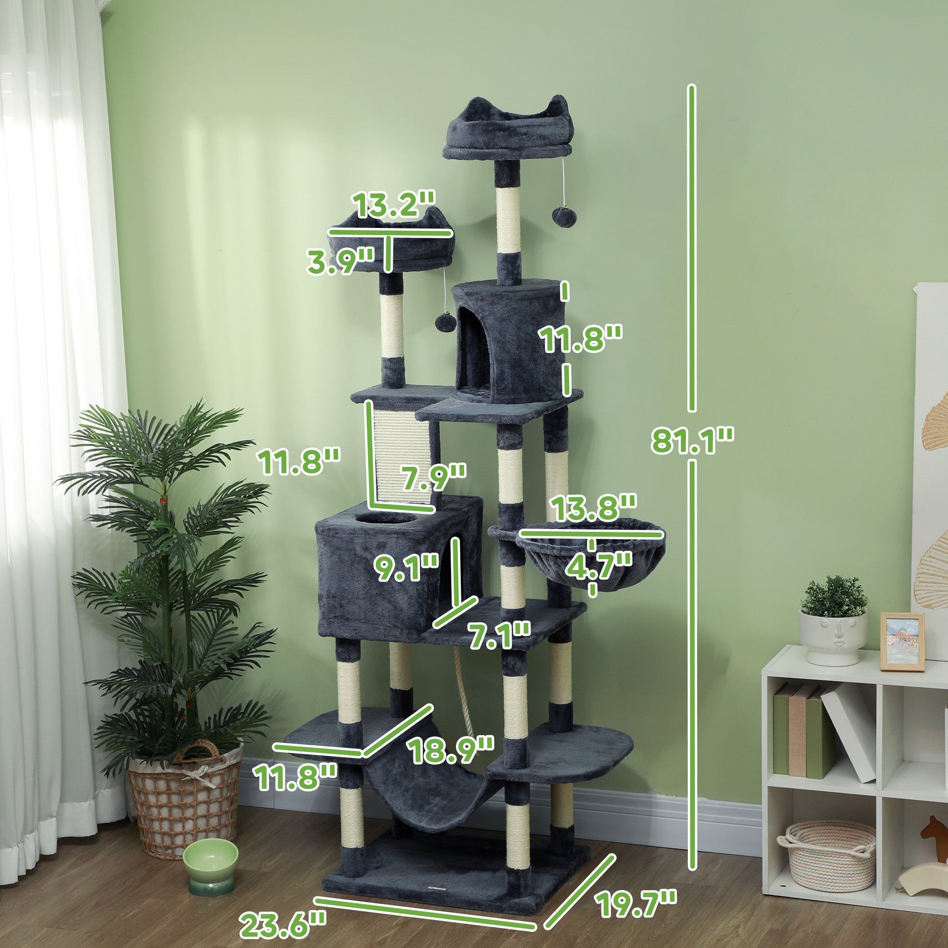 KFX-4192829 81" Cat Tree with Condos, Beds, Hammocks, and Scratching Posts in Gray