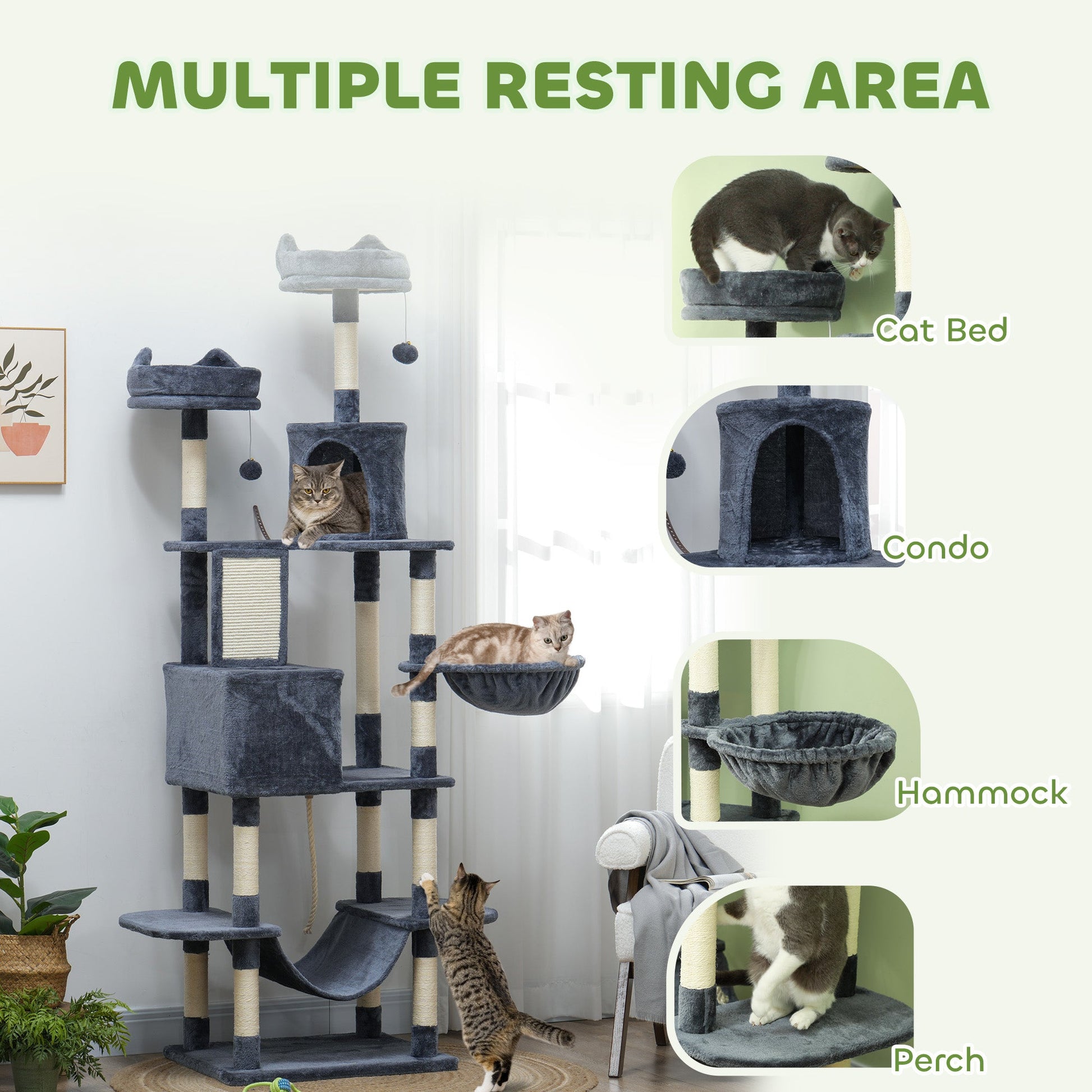 KFX-4192829 81" Cat Tree with Condos, Beds, Hammocks, and Scratching Posts in Gray