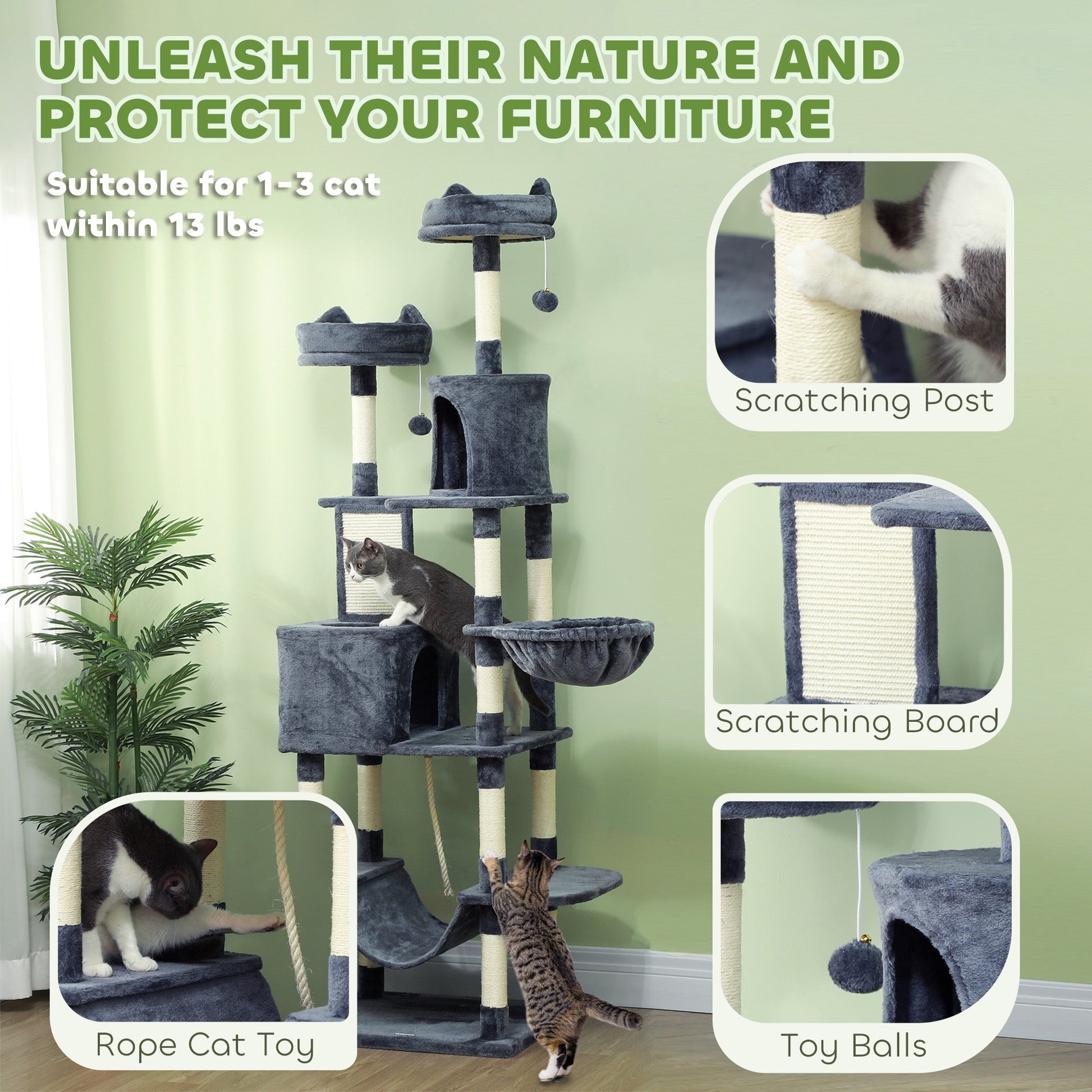 KFX-4192829 81" Cat Tree with Condos, Beds, Hammocks, and Scratching Posts in Gray