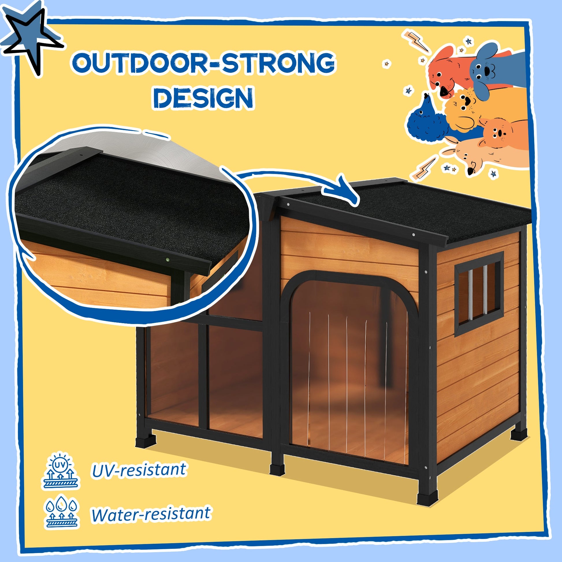 KFX-4193213 Large Wooden Dog House with Open Roof, Giant Window, and Weatherproof Design - Yellow