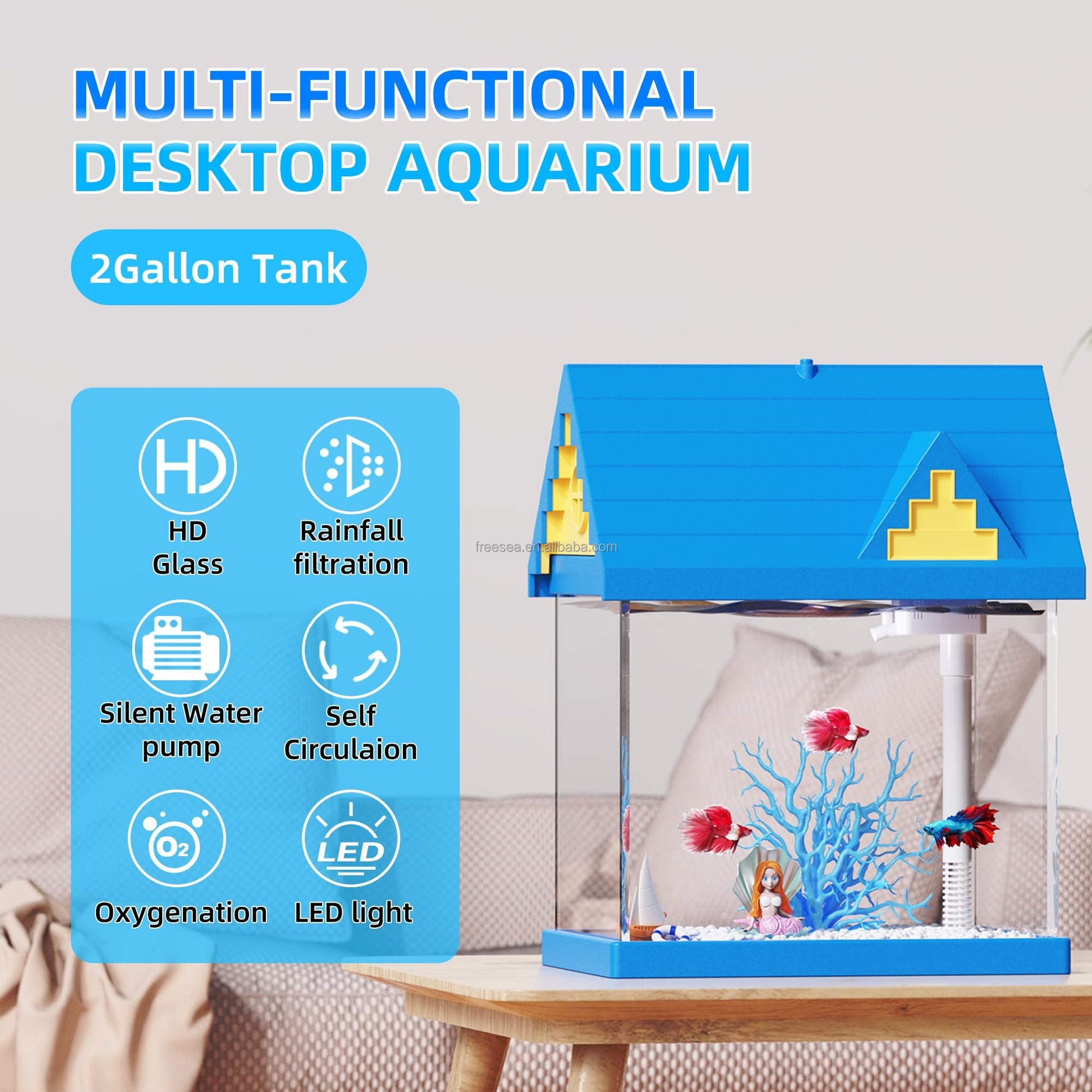 KFX-4198589 2-Gallon Acrylic Aquarium with Filtration and Lighting, Ideal for Shrimp, Jellyfish, and Goldfish in Children's Rooms