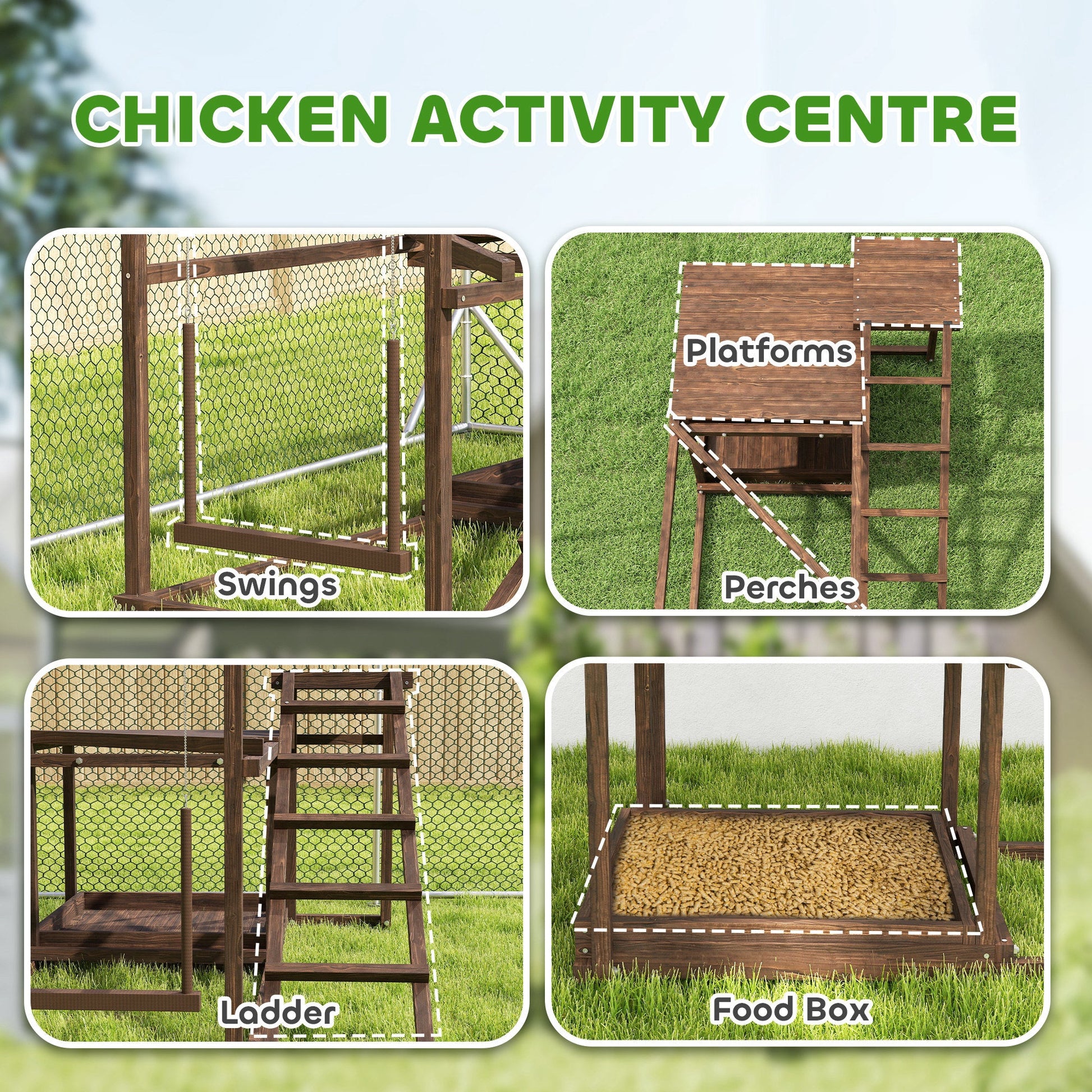 KFX-4202557 Wooden Chicken Activity Play Set with Perch, Swing, Ladder, and Platforms in Coffee Finish