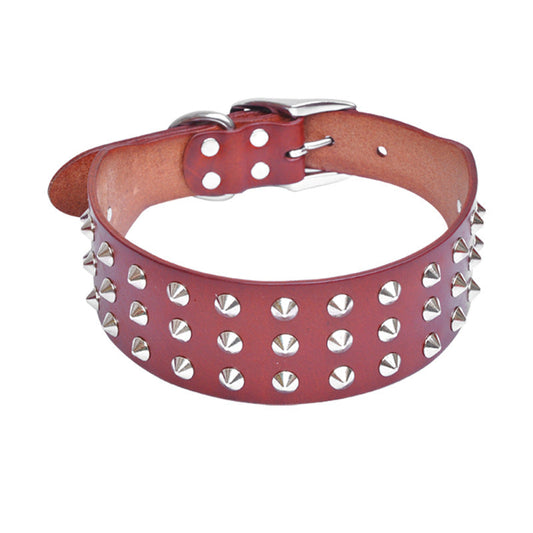 KFX-4207037 Cowhide Diamond Point Anti-Bite Pet Collar with Alloy Buckle - Available in Multiple Sizes