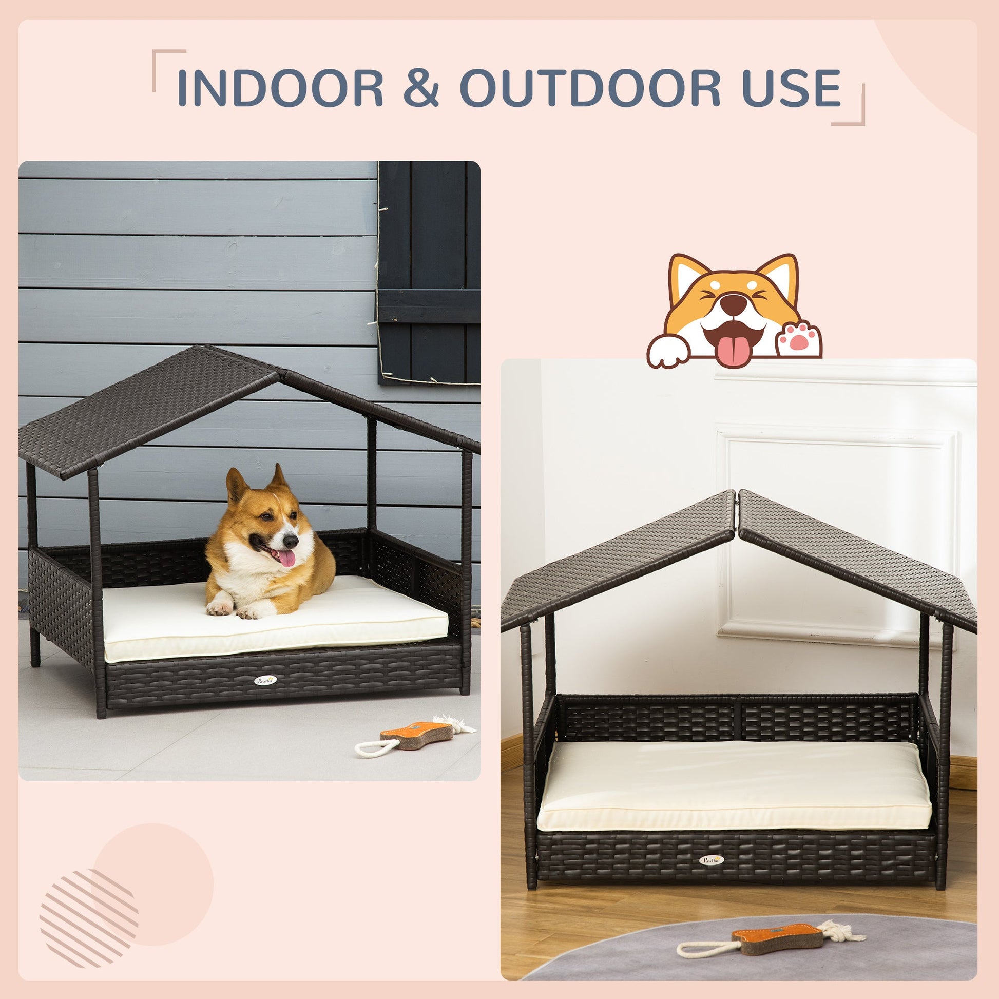 KFX-4209469 Wicker Outdoor Dog House with Canopy, Rattan Pet Bed and Water-Resistant Cushion for Small to Medium Dogs