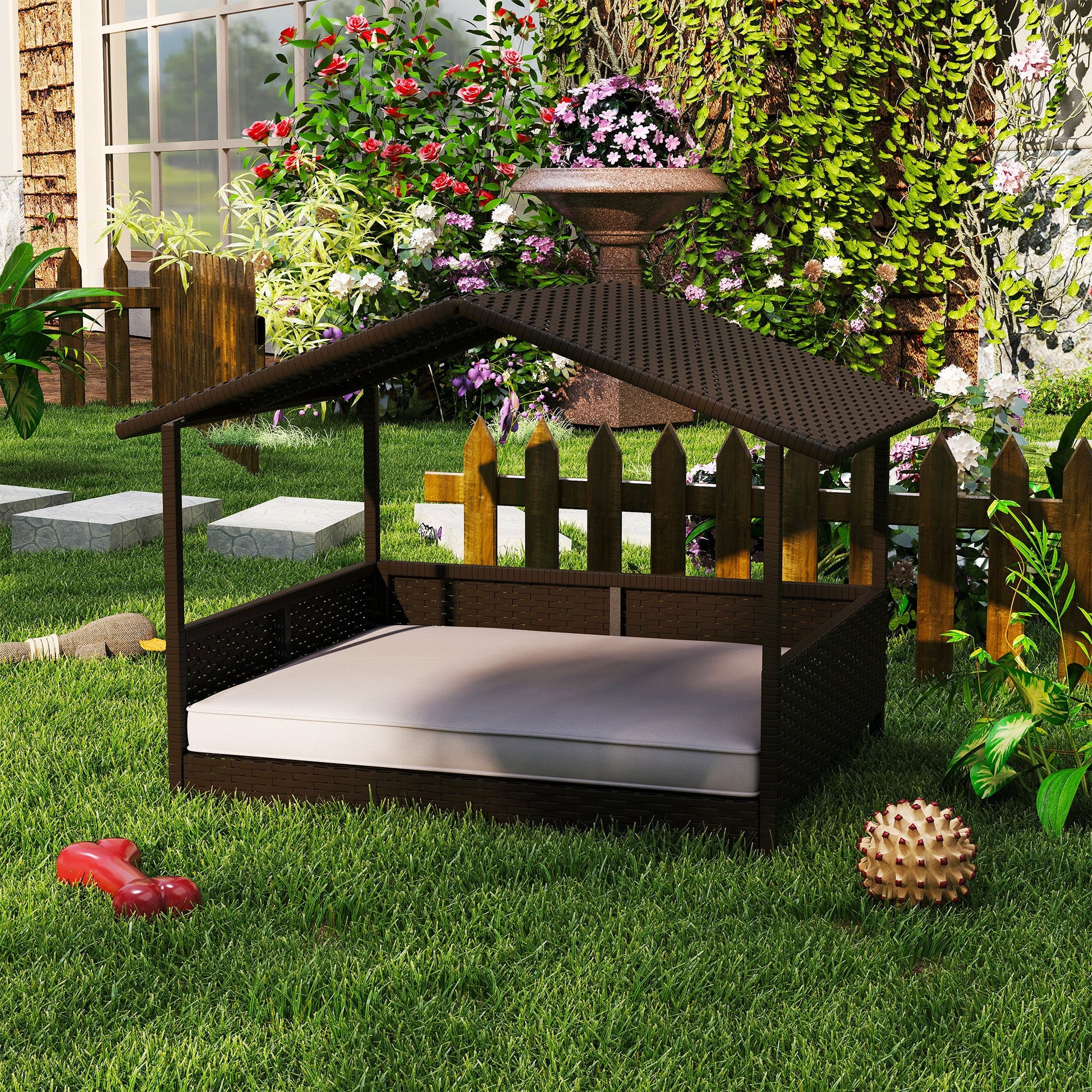 KFX-4209469 Wicker Outdoor Dog House with Canopy, Rattan Pet Bed and Water-Resistant Cushion for Small to Medium Dogs