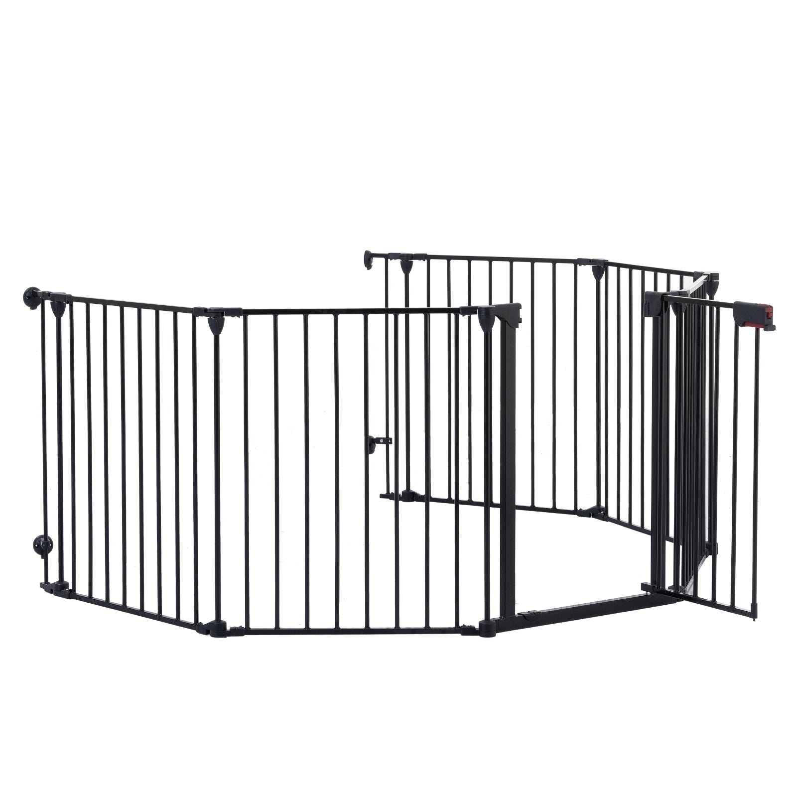 KFX-4219837 150-Inch Adjustable Safety Gate with Walk-Through Door for Pets and Kids, Metal Enclosure for Fireplaces and Play Areas