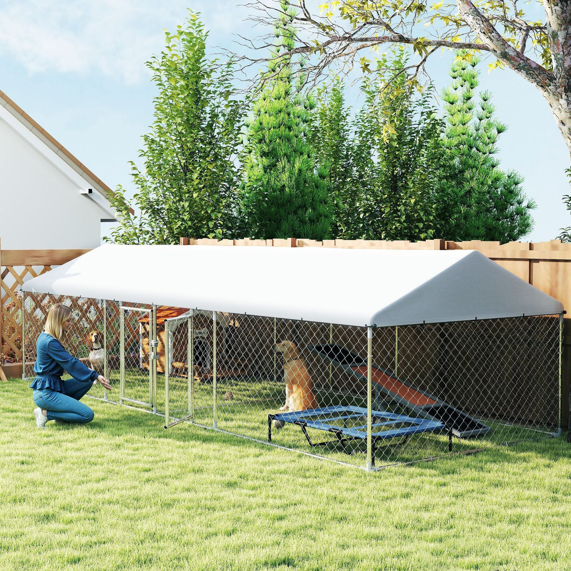 KFX-4220221 Two Room Outdoor Dog Kennel with Roof, Waterproof UV-Resistant Cover, Secure Lock, 19.7' x 7.5' x 5.2'
