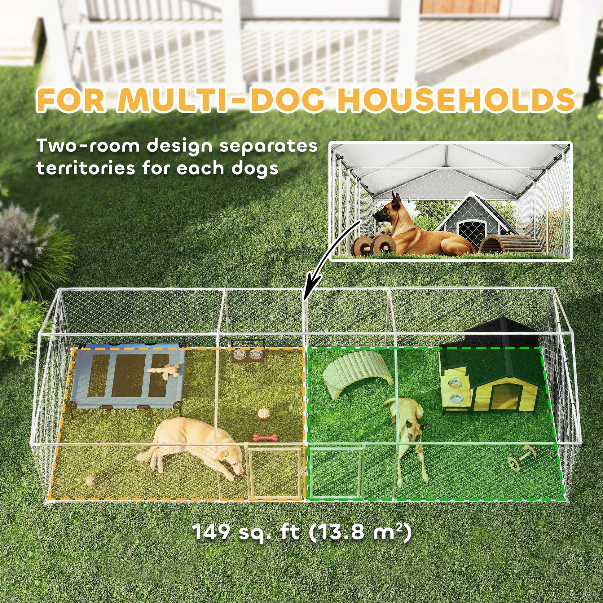 KFX-4220221 Two Room Outdoor Dog Kennel with Roof, Waterproof UV-Resistant Cover, Secure Lock, 19.7' x 7.5' x 5.2'