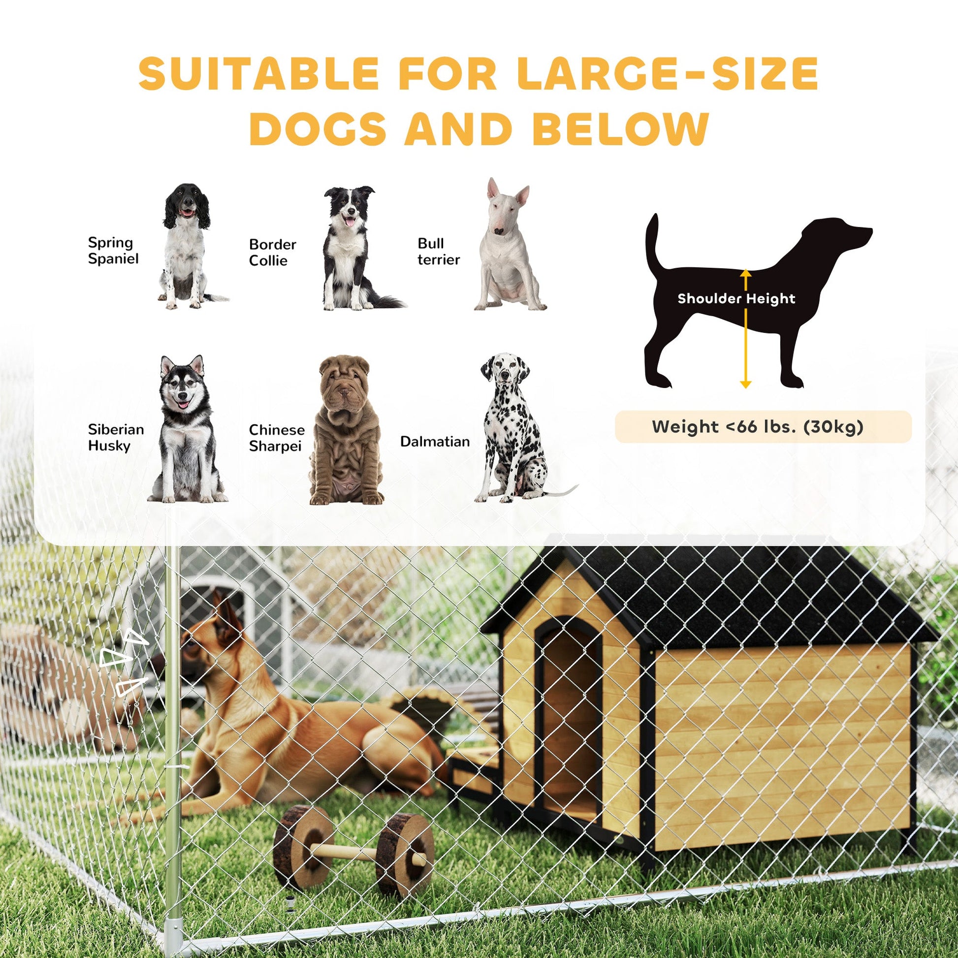 KFX-4220221 Two Room Outdoor Dog Kennel with Roof, Waterproof UV-Resistant Cover, Secure Lock, 19.7' x 7.5' x 5.2'