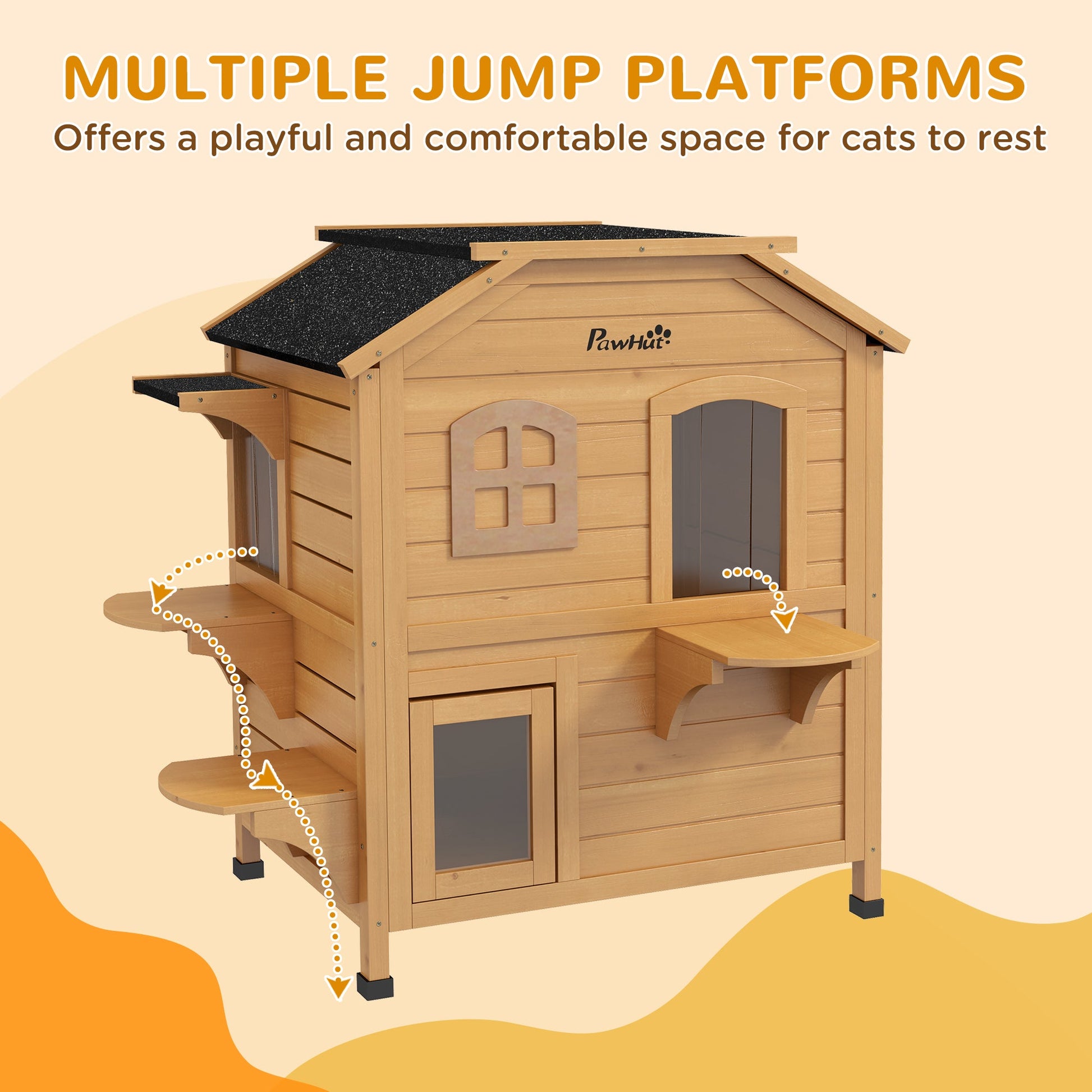 KFX-4220605 2-Story Weatherproof Wooden Cat House with Multiple Entrances and Jumping Platforms