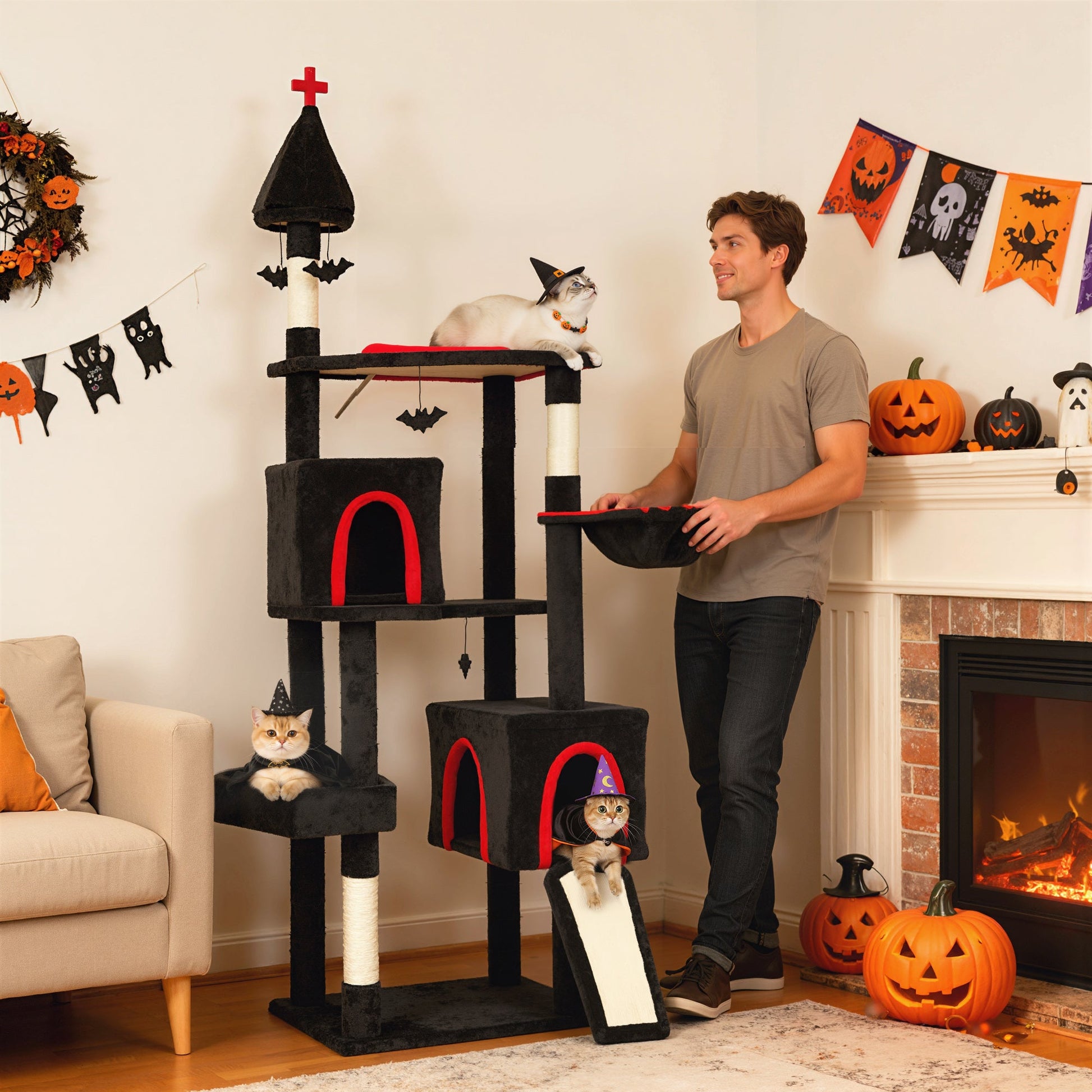KFX-4225597 Gothic Cat Tree Tower with Coffin Bed, Two Condos, Scratching Posts, and Bat Toys - 78 Inches