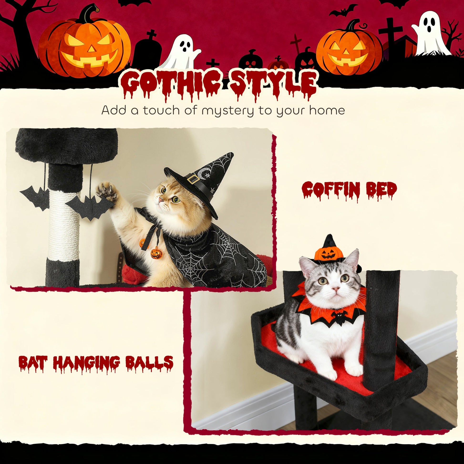 KFX-4225597 Gothic Cat Tree Tower with Coffin Bed, Two Condos, Scratching Posts, and Bat Toys - 78 Inches