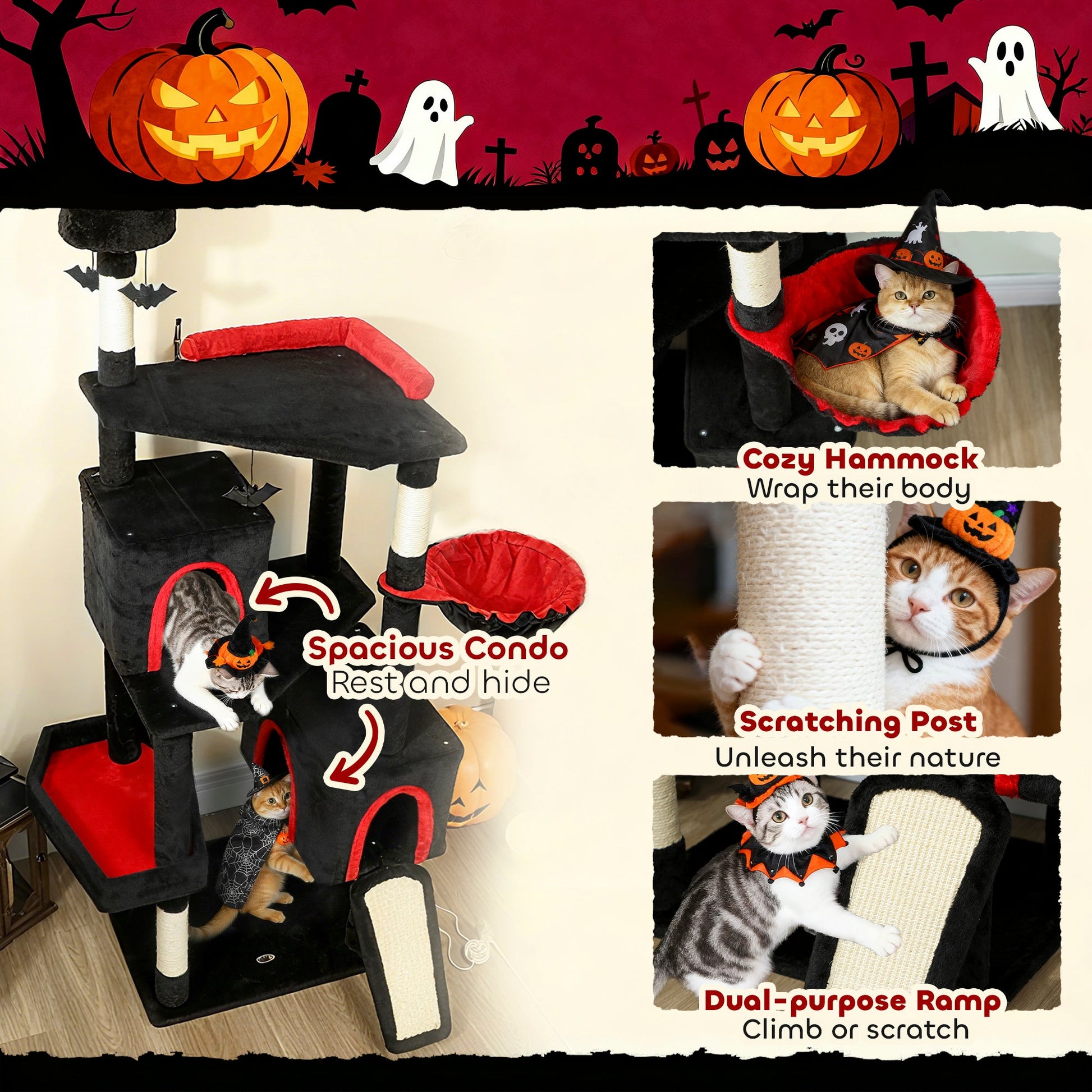 KFX-4225597 Gothic Cat Tree Tower with Coffin Bed, Two Condos, Scratching Posts, and Bat Toys - 78 Inches