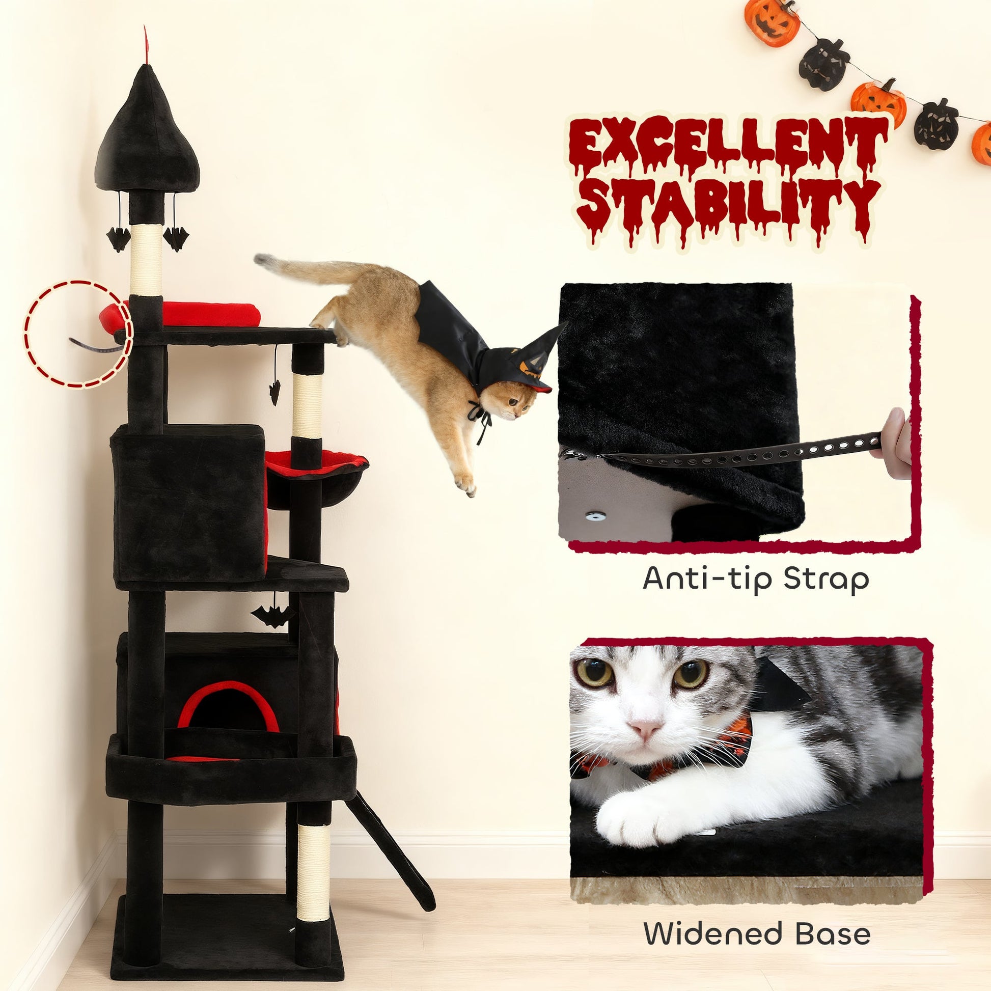 KFX-4225597 Gothic Cat Tree Tower with Coffin Bed, Two Condos, Scratching Posts, and Bat Toys - 78 Inches