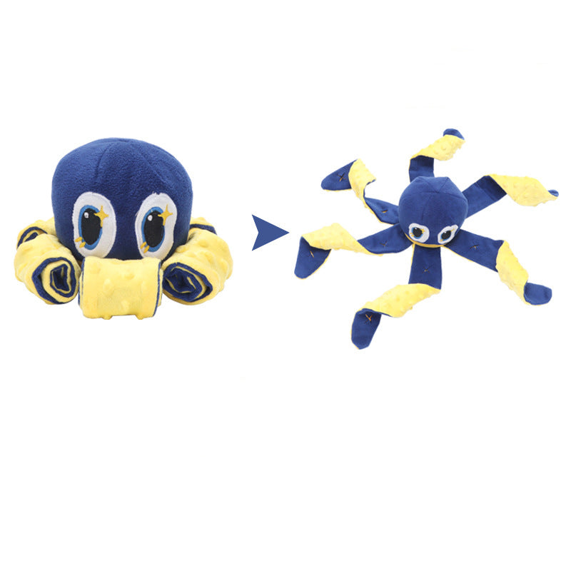 KFX-4236477 Big-Eyed Octopus Dog Toy with Hidden Treats and Sound Feature - Blue Velvet Fabric