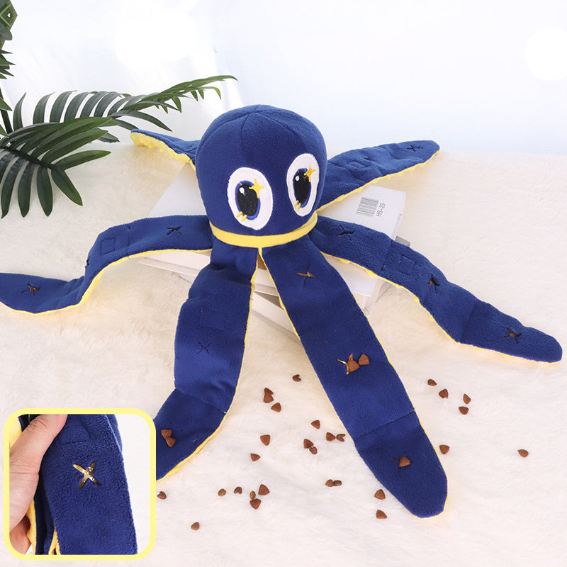 KFX-4236477 Big-Eyed Octopus Dog Toy with Hidden Treats and Sound Feature - Blue Velvet Fabric