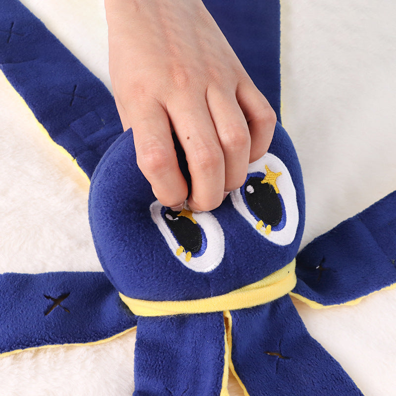 KFX-4236477 Big-Eyed Octopus Dog Toy with Hidden Treats and Sound Feature - Blue Velvet Fabric