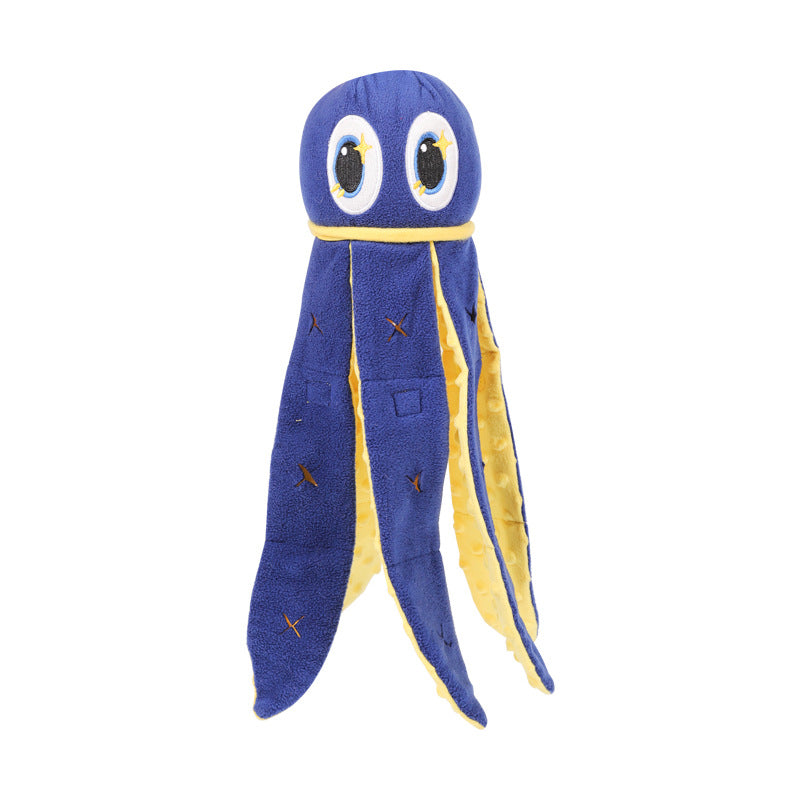 KFX-4236477 Big-Eyed Octopus Dog Toy with Hidden Treats and Sound Feature - Blue Velvet Fabric