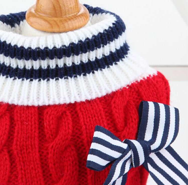 KFX-4241597 Stylish Acrylic Knit Sweater with Bowknot for Dogs - Pug Size Options in Blue and Red