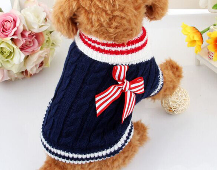 KFX-4241597 Stylish Acrylic Knit Sweater with Bowknot for Dogs - Pug Size Options in Blue and Red