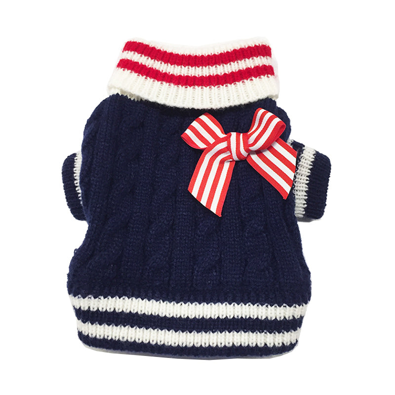 KFX-4241597 Stylish Acrylic Knit Sweater with Bowknot for Dogs - Pug Size Options in Blue and Red