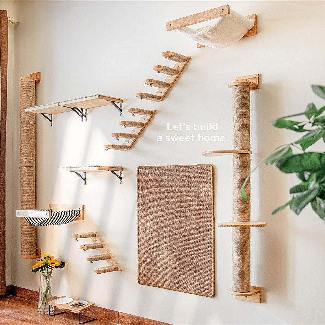 KFX-4247741 Multi-Layer Wooden Cat Wall Ladder - Pine Springboard Stairs for Play and Climbing