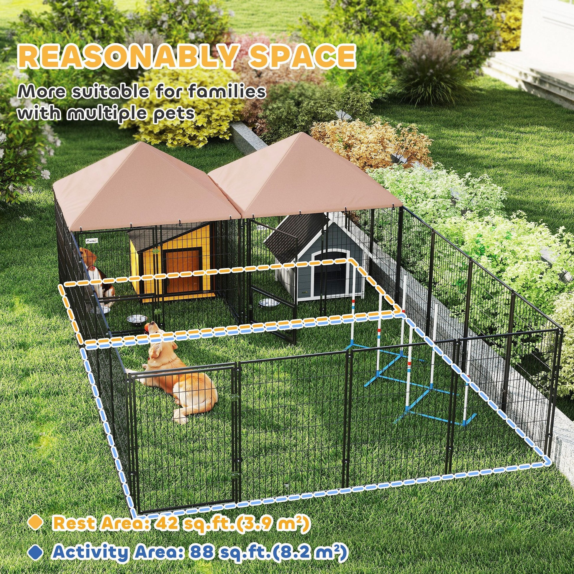 KFX-4252989 Large Outdoor Dog Kennel with Dual Rooms, Adjustable Height Bowls, 13.5' x 9.4' x 5.1'