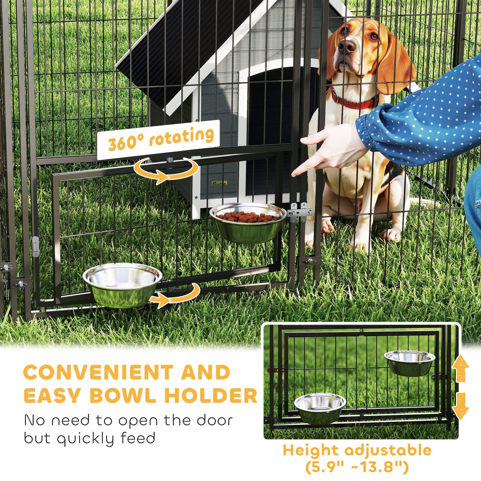KFX-4252989 Large Outdoor Dog Kennel with Dual Rooms, Adjustable Height Bowls, 13.5' x 9.4' x 5.1'
