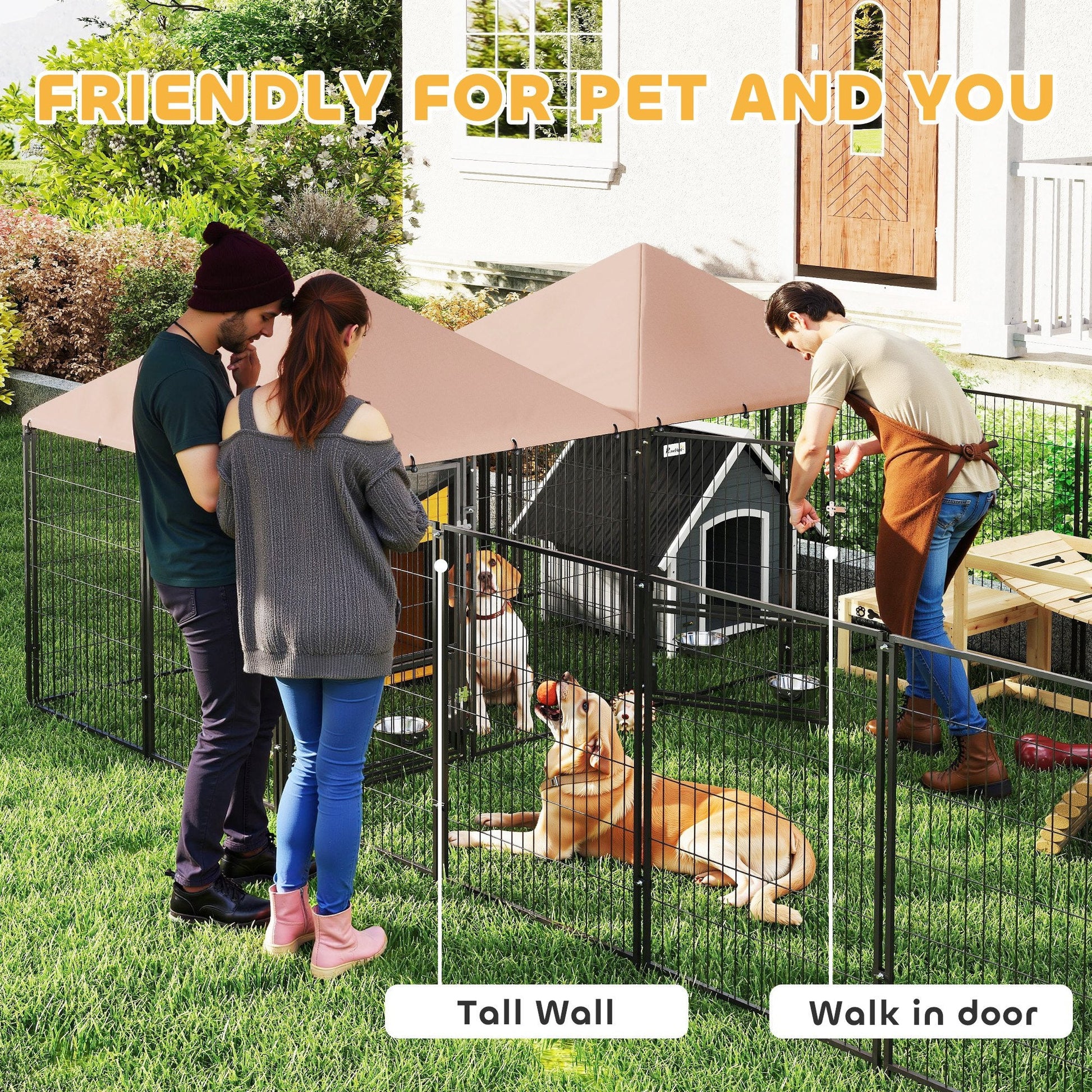 KFX-4252989 Large Outdoor Dog Kennel with Dual Rooms, Adjustable Height Bowls, 13.5' x 9.4' x 5.1'