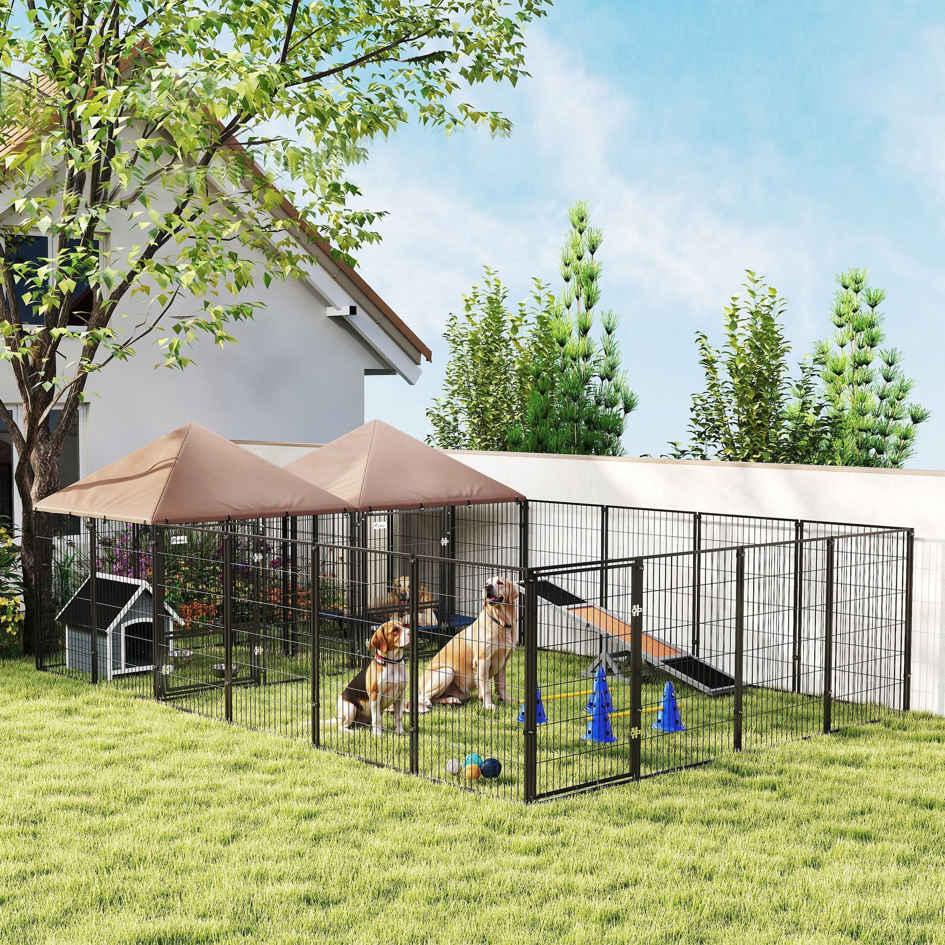 KFX-4252989 Large Outdoor Dog Kennel with Dual Rooms, Adjustable Height Bowls, 13.5' x 9.4' x 5.1'