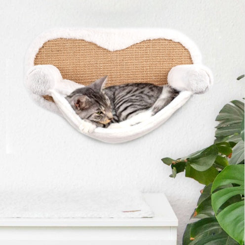 KFX-4256701 Wall-Mounted Cat Climbing Frame with Hanging Scratching Pole and Flannel Hammock