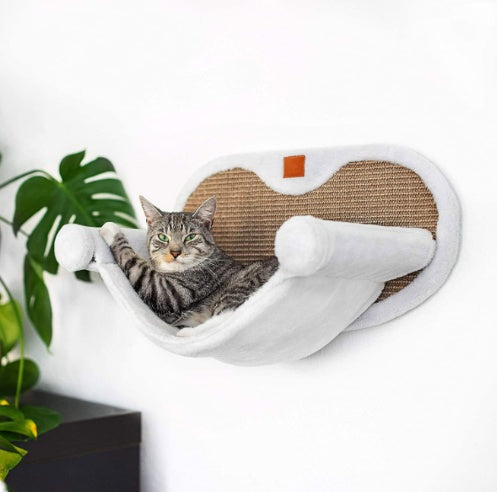 KFX-4256701 Wall-Mounted Cat Climbing Frame with Hanging Scratching Pole and Flannel Hammock