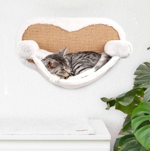 KFX-4256701 Wall-Mounted Cat Climbing Frame with Hanging Scratching Pole and Flannel Hammock