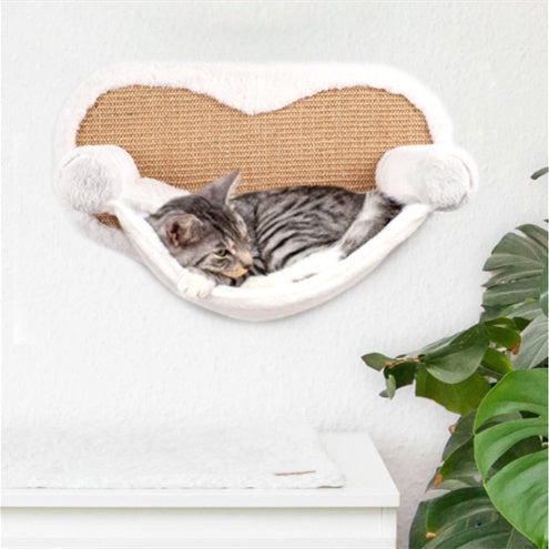 KFX-4256701 Wall-Mounted Cat Climbing Frame with Hanging Scratching Pole and Flannel Hammock