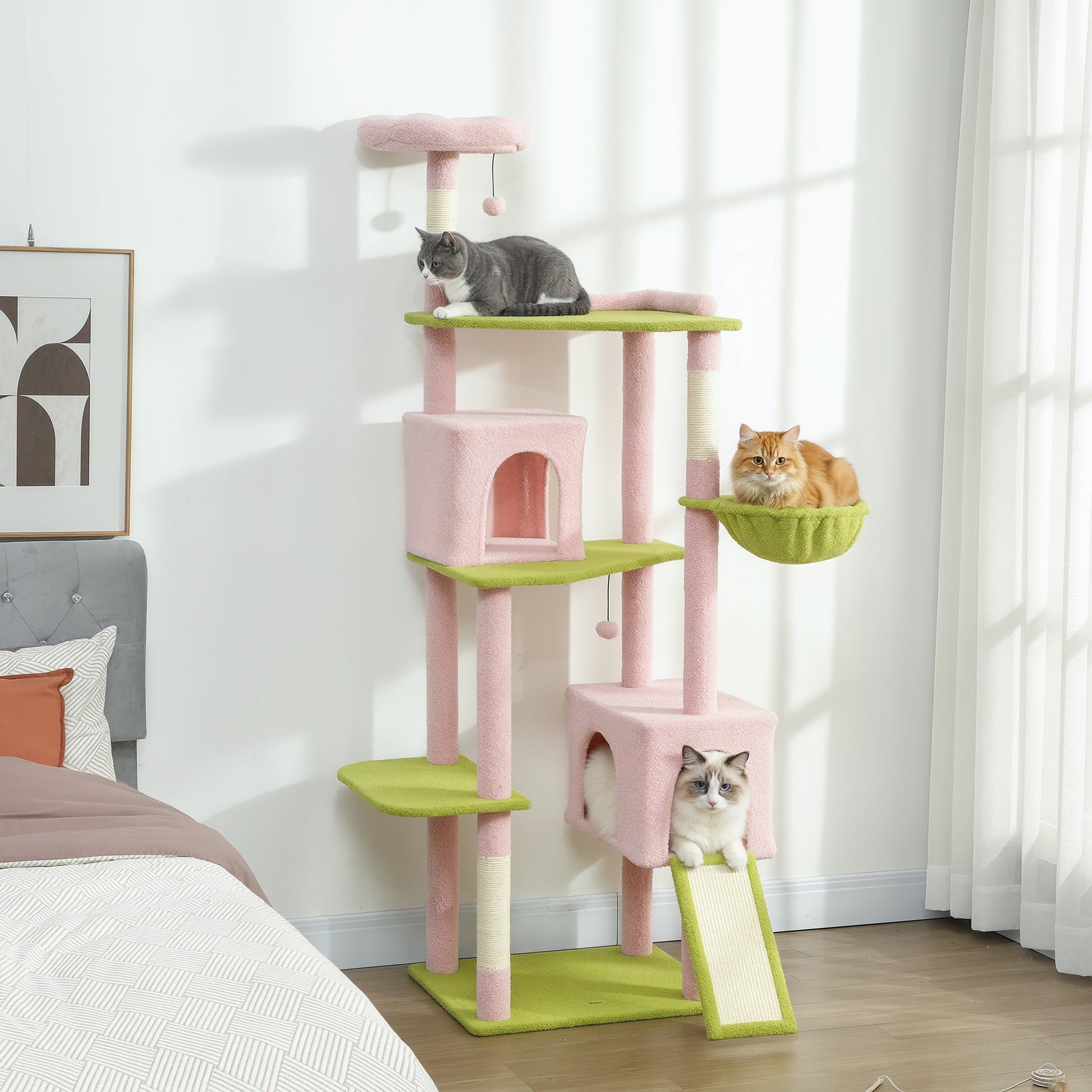 KFX-4258365 Flower Design 74" Cat Tree with Scratching Posts, Condos, and Hammock - Indoor Cat Tower in Pink