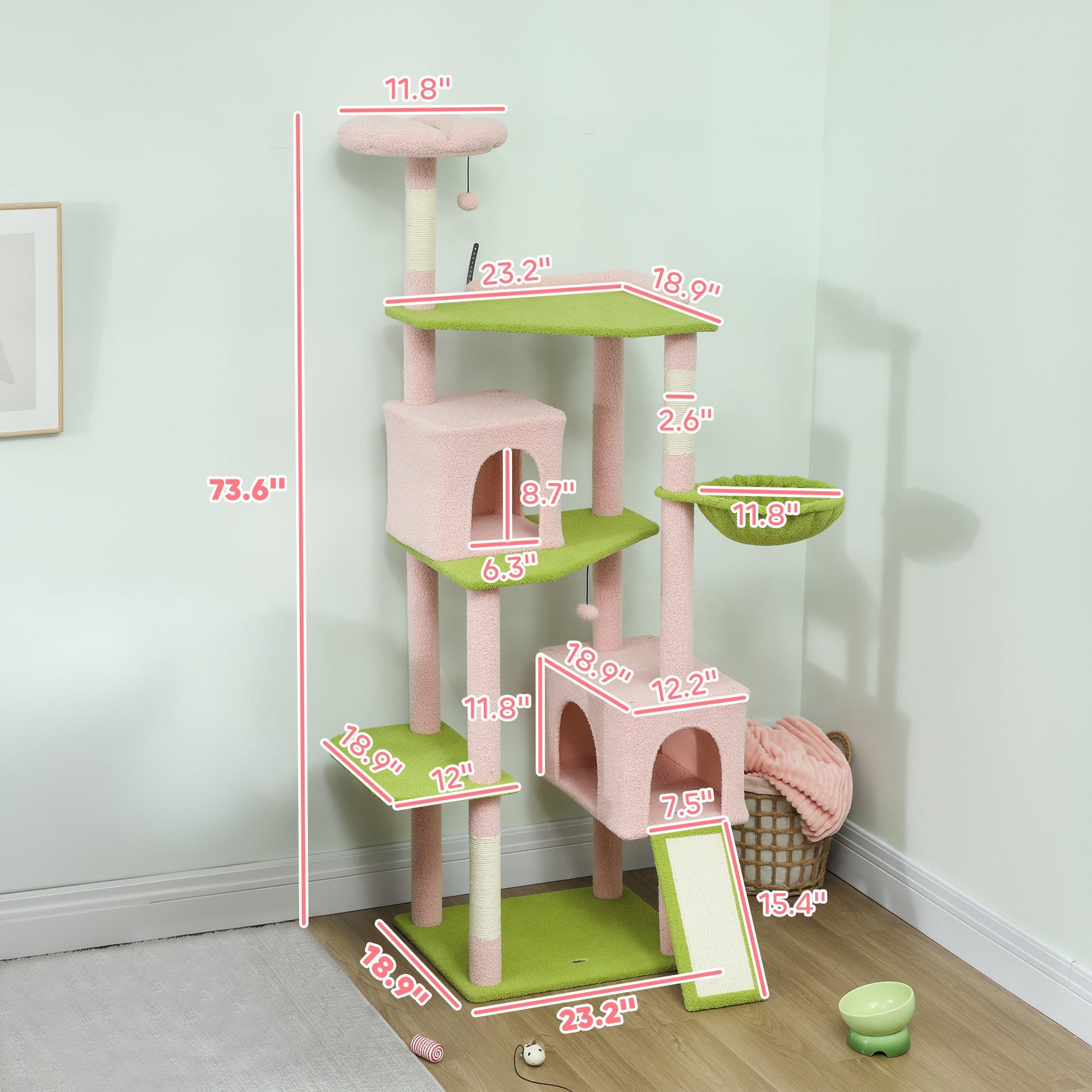 KFX-4258365 Flower Design 74" Cat Tree with Scratching Posts, Condos, and Hammock - Indoor Cat Tower in Pink