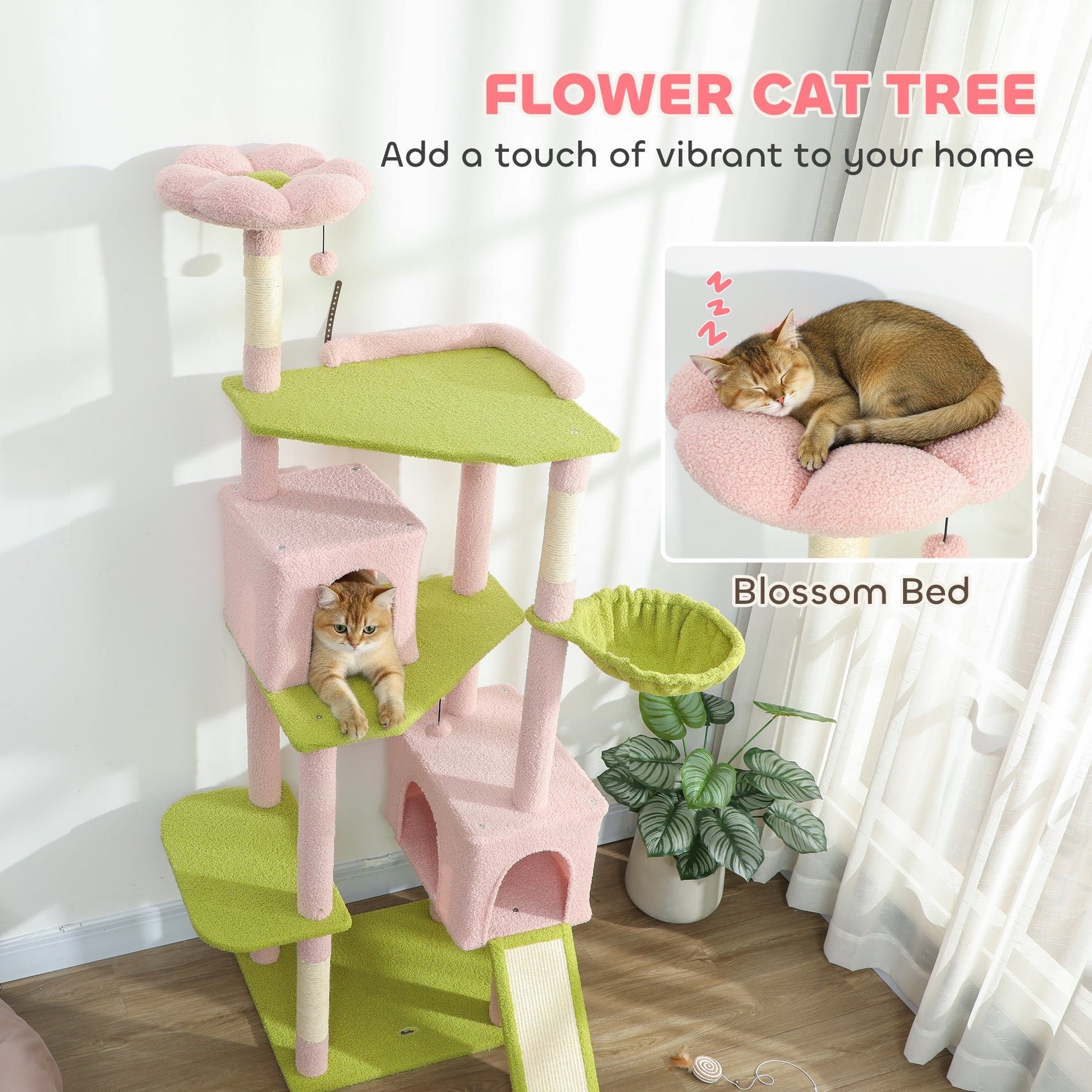 KFX-4258365 Flower Design 74" Cat Tree with Scratching Posts, Condos, and Hammock - Indoor Cat Tower in Pink