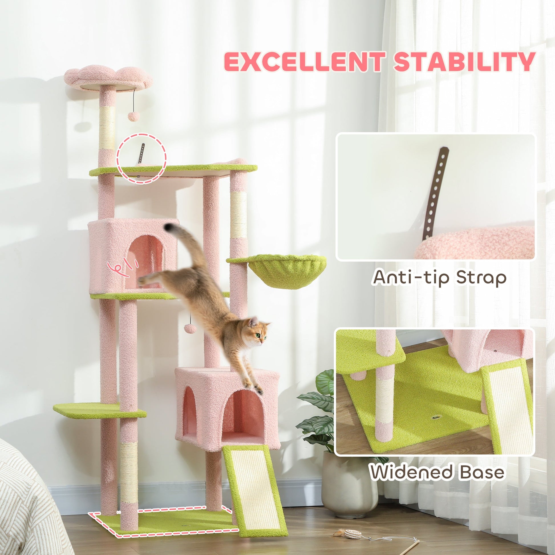 KFX-4258365 Flower Design 74" Cat Tree with Scratching Posts, Condos, and Hammock - Indoor Cat Tower in Pink