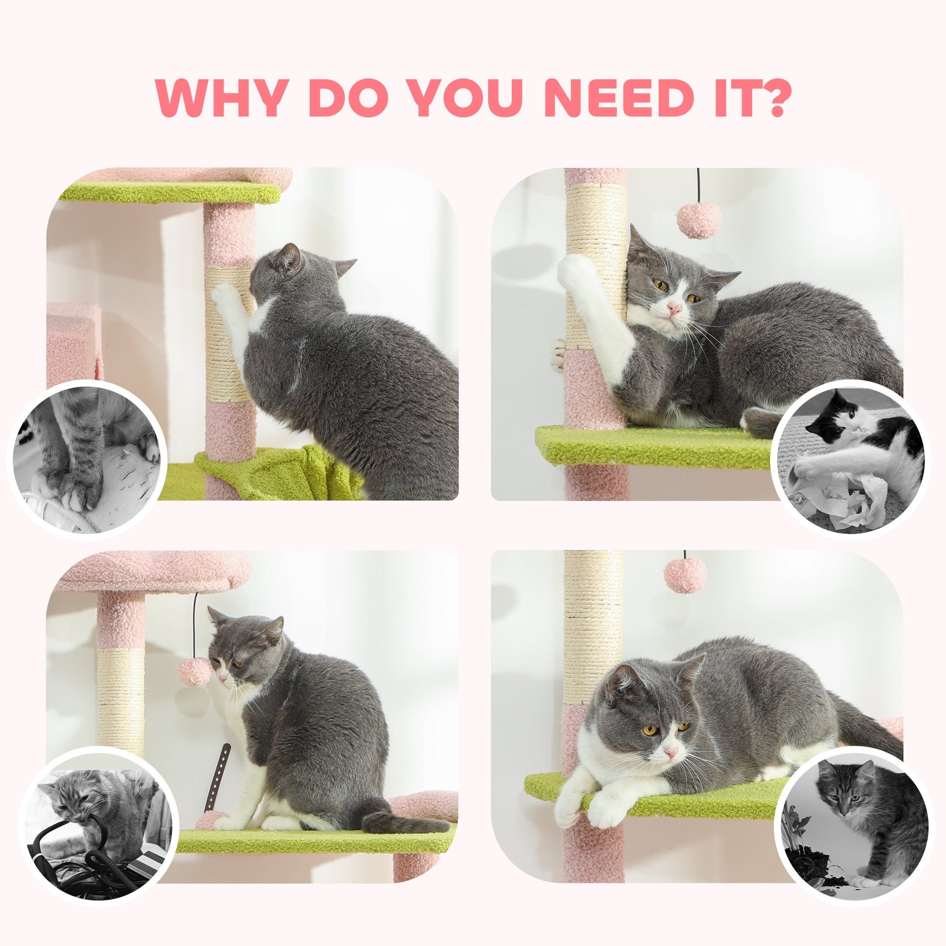 KFX-4258365 Flower Design 74" Cat Tree with Scratching Posts, Condos, and Hammock - Indoor Cat Tower in Pink