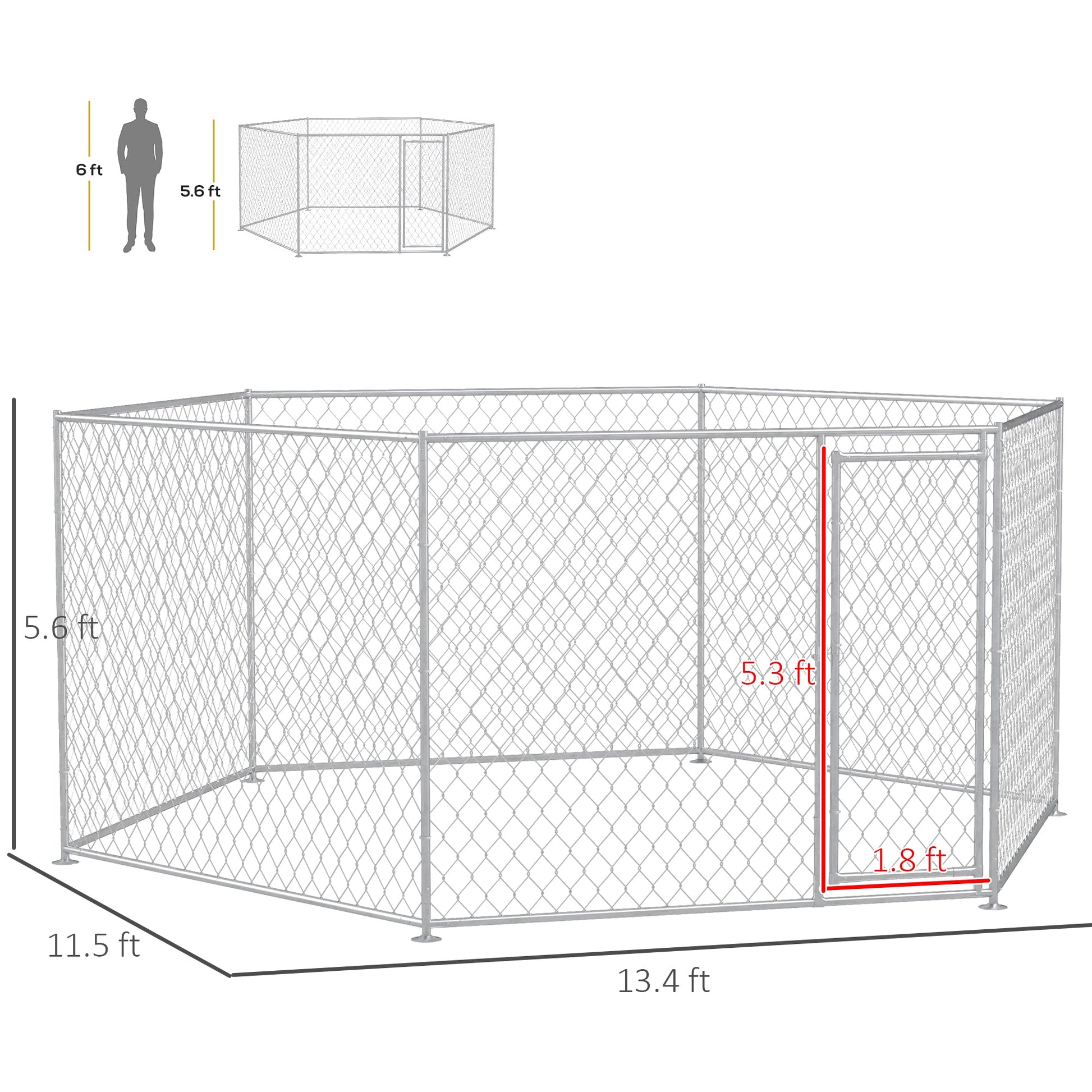 KFX-4258749 Outdoor Dog Kennel with Lockable Door for Medium to Large Dogs - 13.4' x 11.5' x 5.6' Silver Galvanized Steel, 108 ft²