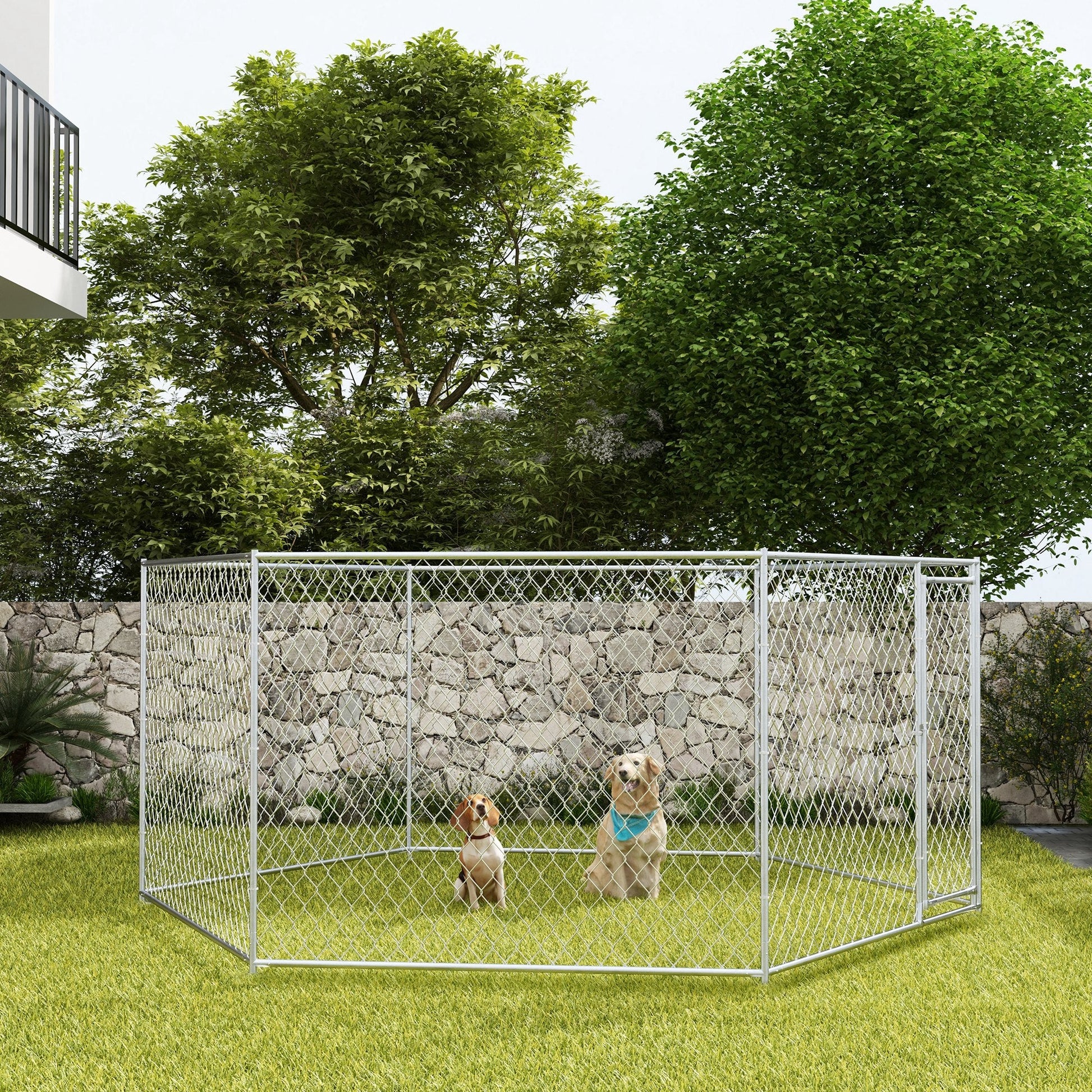 KFX-4258749 Outdoor Dog Kennel with Lockable Door for Medium to Large Dogs - 13.4' x 11.5' x 5.6' Silver Galvanized Steel, 108 ft²