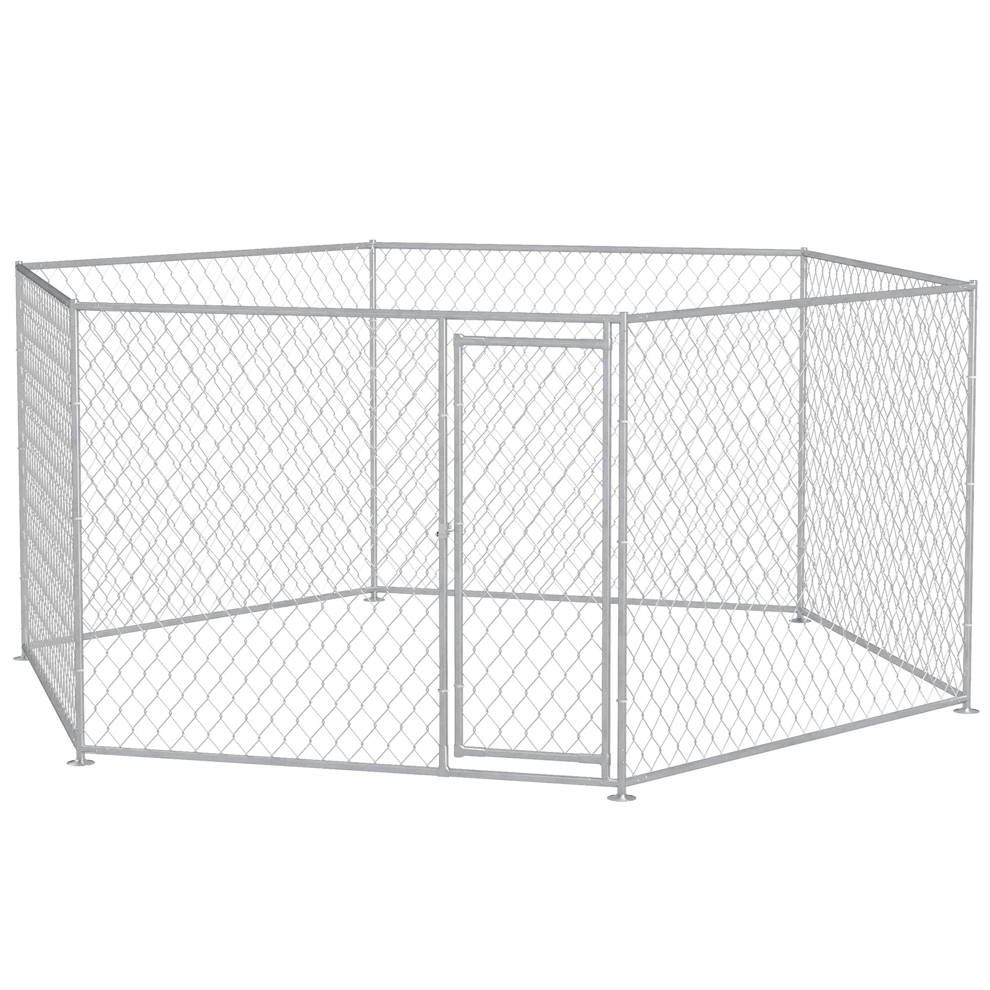 KFX-4258749 Outdoor Dog Kennel with Lockable Door for Medium to Large Dogs - 13.4' x 11.5' x 5.6' Silver Galvanized Steel, 108 ft²