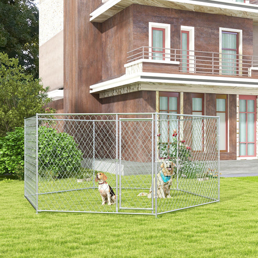KFX-4258749 Outdoor Dog Kennel with Lockable Door for Medium to Large Dogs - 13.4' x 11.5' x 5.6' Silver Galvanized Steel, 108 ft²