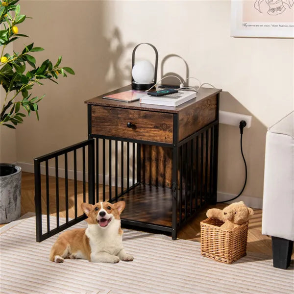 KFX-4264509 2-in-1 Dog Crate End Table with Charging Station for Small Dogs Under 25 Lbs, Chew-Resistant Metal Tube Design