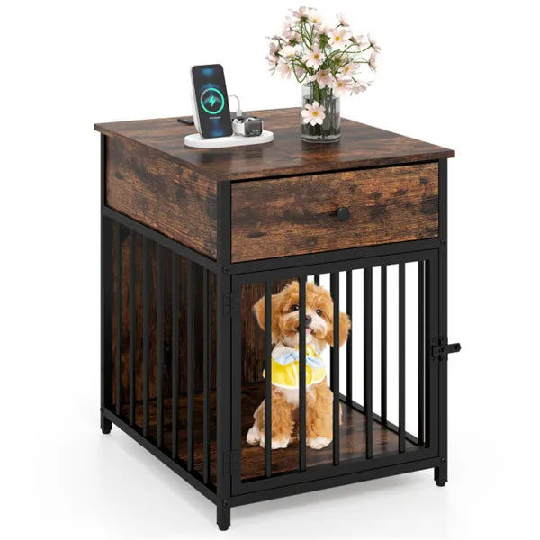 KFX-4264509 2-in-1 Dog Crate End Table with Charging Station for Small Dogs Under 25 Lbs, Chew-Resistant Metal Tube Design