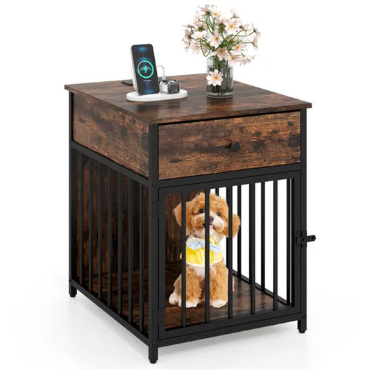 KFX-4264509 2-in-1 Dog Crate End Table with Charging Station for Small Dogs Under 25 Lbs, Chew-Resistant Metal Tube Design