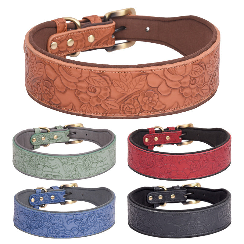 KFX-4272573 Embossed Leather Dog Collar with Soft Cotton Lining - Available in Multiple Colors