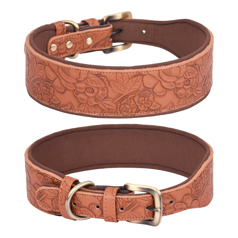 KFX-4272573 Embossed Leather Dog Collar with Soft Cotton Lining - Available in Multiple Colors